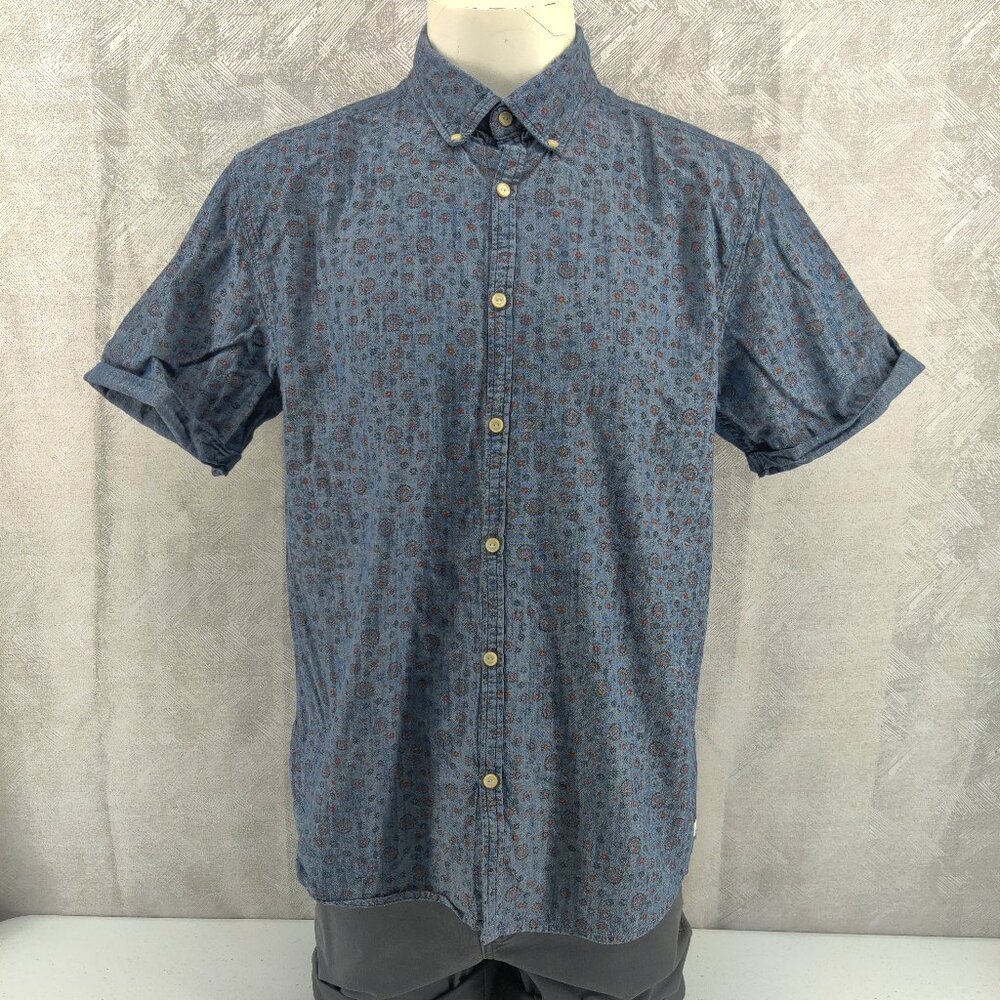 Quiksilver Shirt Men XL Modern Fit Chambray Floral‎ Geometric Button Blue Cotton